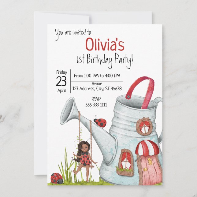 Invitación Whimsical LadyBug Garden House Swing 1er cumpleaño (Anverso)