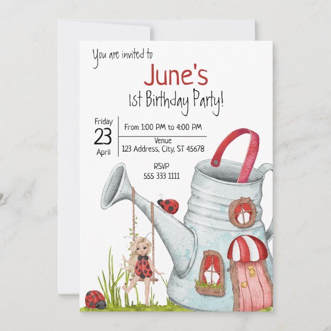 Invitación Whimsical LadyBug Primer cumpleaños (Anverso)