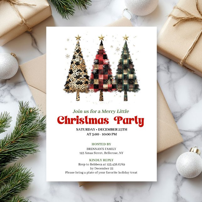 Invitación Whimsical leopard and plaid Christmas tree invite (Whimsical leopard and plaid Christmas tree invite)