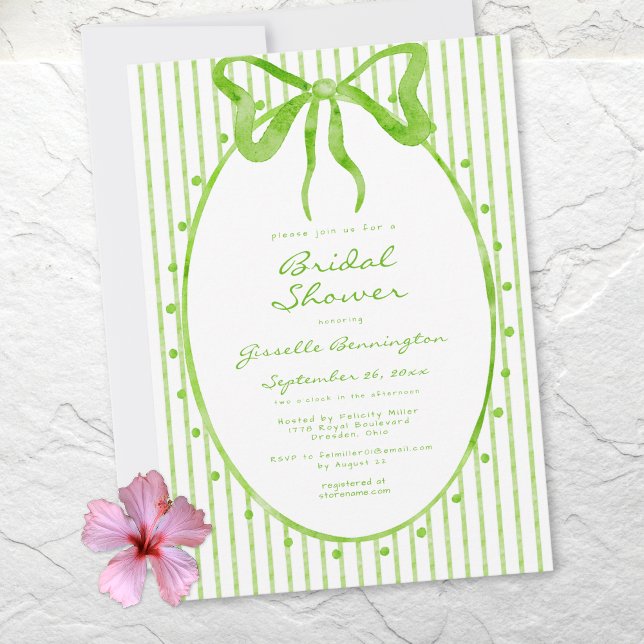 Invitación Whimsical Lime Watercolor Bow Stripe Bridal Shower (Whimsical Lime Watercolor Bow Stripe Bridal Shower Invitation)