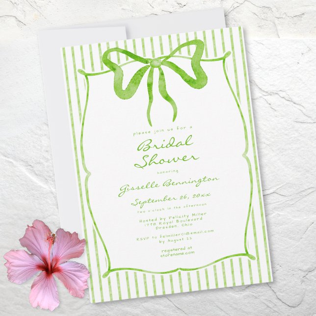 Invitación Whimsical Lime Watercolor Bow Stripe Bridal Shower (Whimsical Lime Watercolor Bow Stripe Bridal Shower Invitation)