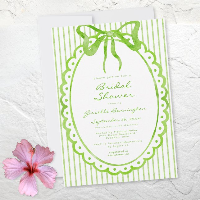 Invitación Whimsical Lime Watercolor Bow Stripe Bridal Shower (Whimsical Lime Watercolor Bow Stripe Bridal Shower Invitation)