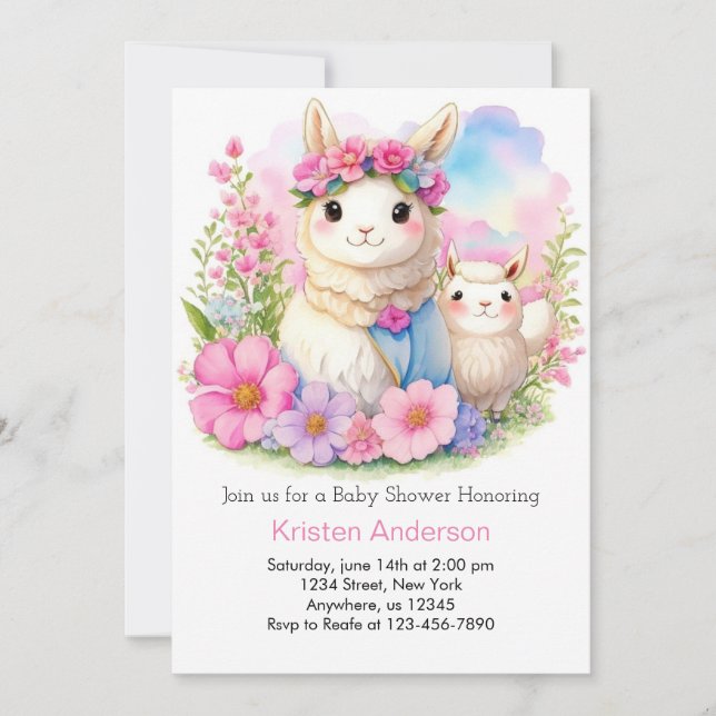 Invitación Whimsical Llama Chica Baby Shower (Anverso)