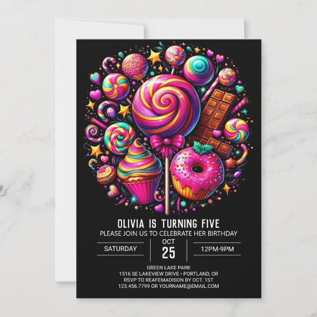 Invitación Whimsical Lollipop Candyland Cumpleaños Digital (Anverso)