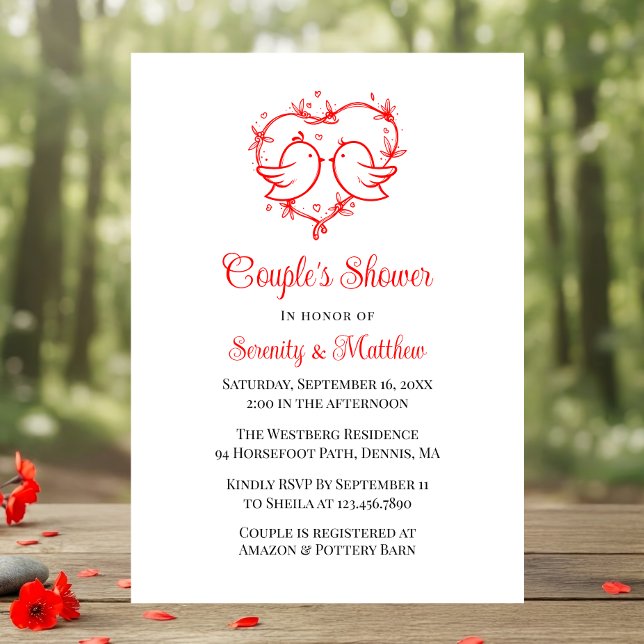 Invitación Whimsical Lovebirds Boho Red Heart Bridal Shower (Subido por el creador)