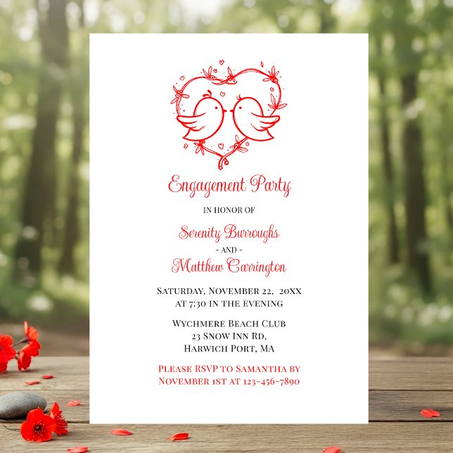 Invitación Whimsical Lovebirds Boho Red Love Heart Engagement (Subido por el creador)