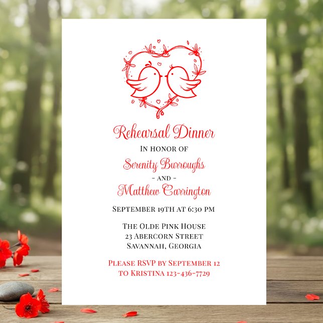 Invitación Whimsical Lovebirds Boho Red Love Heart Rehearsal  (Subido por el creador)