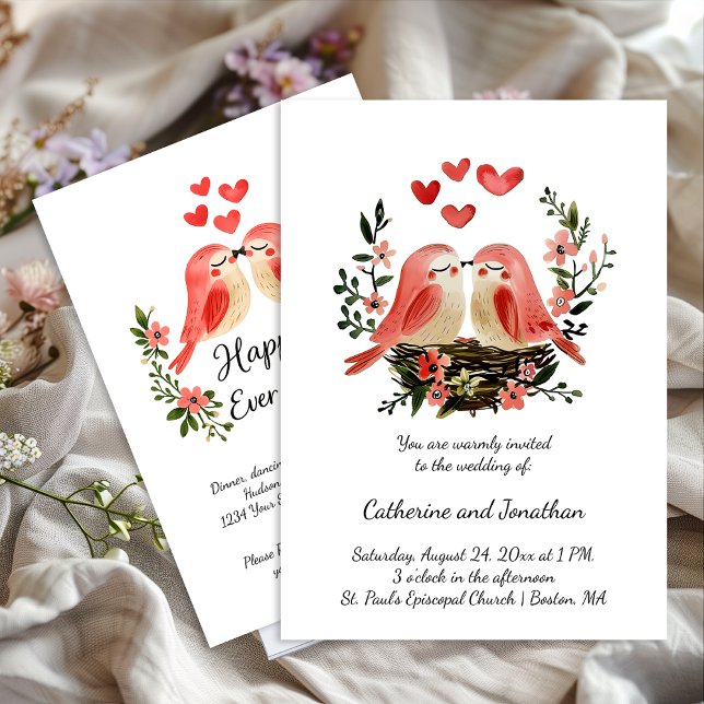Invitación Whimsical Lovebirds Pink Hearts Wedding | (Subido por el creador)