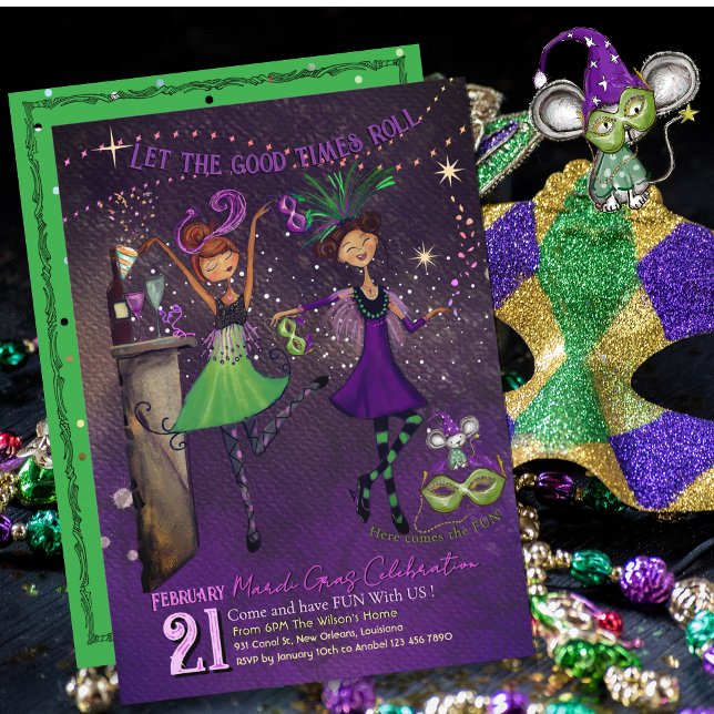 Invitación Whimsical Mardi Gras Dancing Girls Green & Purple  (Whimsical Mardi Gras Dancing Girls Green & Purple Invitation)