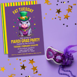Invitación Whimsical Mardi Gras Grasa Martes Hippo con cuenta