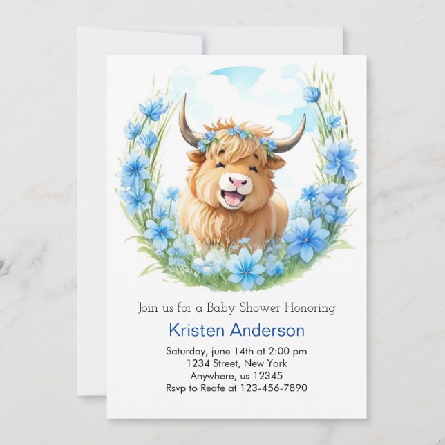 Invitación Whimsical Meadow Highland Cow Boy Baby Shower (Anverso)