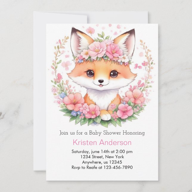 Invitación Whimsical Meadow Pink Fox Boho Chica Baby Shower (Anverso)
