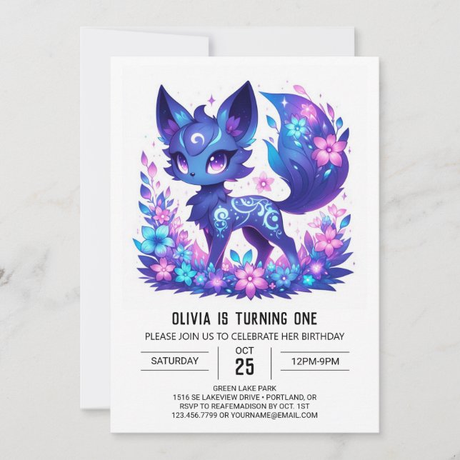 Invitación Whimsical Moderno Fox 1er cumpleaños (Anverso)