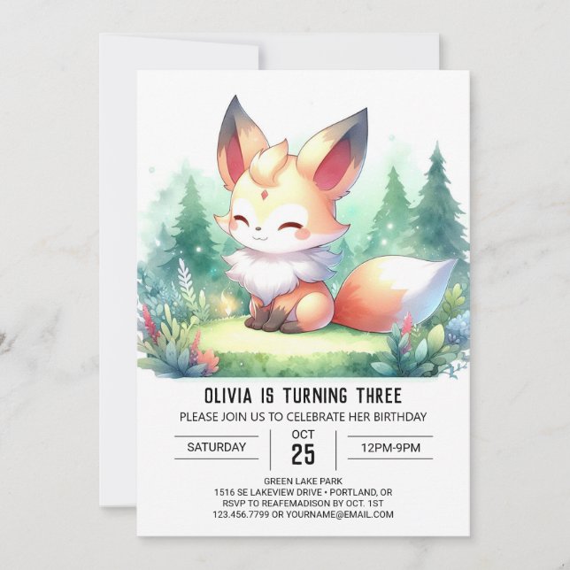 Invitación Whimsical Moderno Fox Birthday digital (Anverso)