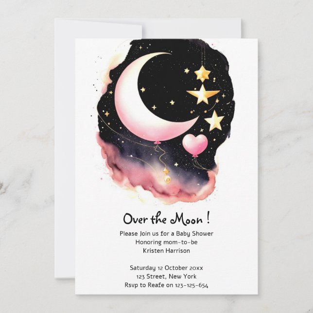 Invitación Whimsical Moon & Stars Watercolor Baby Shower (Anverso)