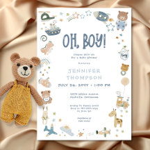 Whimsical Oh Boy Watercolor Doodle Baby Shower