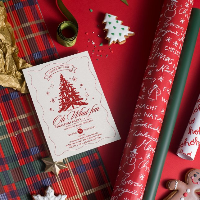 Invitación Whimsical Oh What Fun Christmas Tree Red Beige  (Whimsical Oh What Fun Christmas Tree Red Beige Invitation hand drawing stars tree red calligraphy )