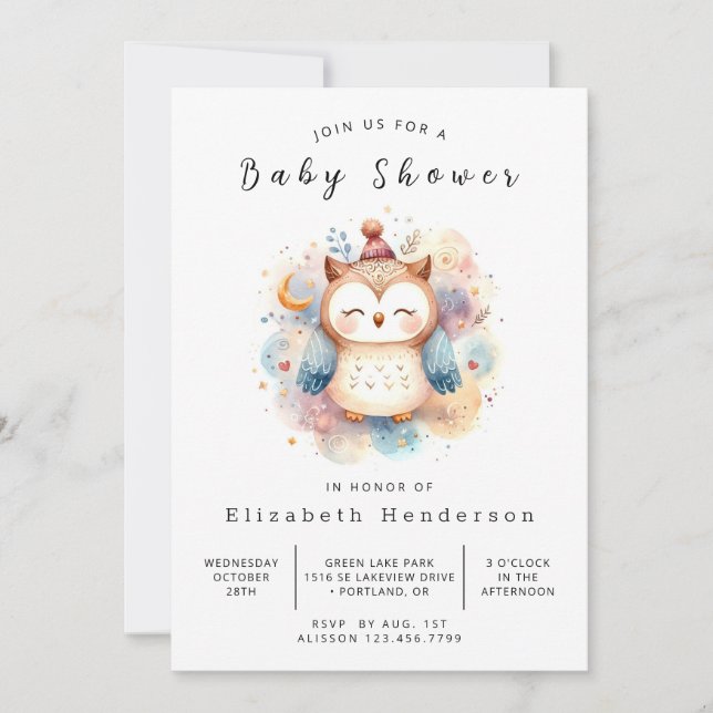 Invitación Whimsical Online Owl Baby Shower (Anverso)