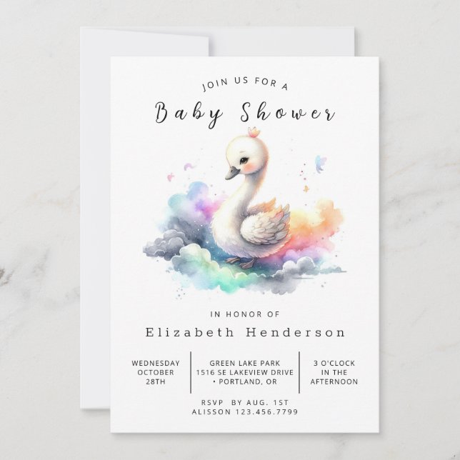 Invitación Whimsical Online Swan Baby Shower (Anverso)