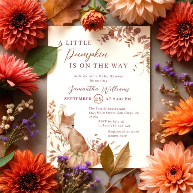 Invitación Whimsical Otoño Terracotta Bebé Fox Pumpkin (Subido por el creador)