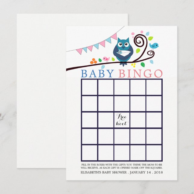 Invitación Whimsical Owl Baby Shower Bingo (Anverso / Reverso)
