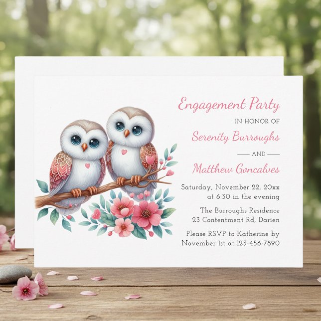 Invitación Whimsical Owl Couple Woodland Engagement Party (Subido por el creador)