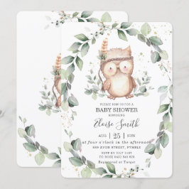 Invitación Whimsical Owl Rustic Greenery Neutral Baby Shower