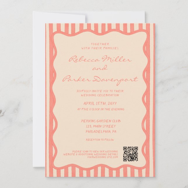 Invitación Whimsical Painted Pinstripes Wedding QR Code (Anverso)