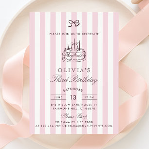 Invitación Whimsical, pastel de cumpleaños, Bow rosado y Stri