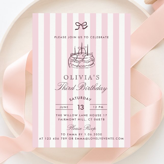 Invitación Whimsical, pastel de cumpleaños, Bow rosado y Stri (Subido por el creador)
