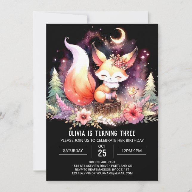 Invitación Whimsical Pastel Fox Birthday digital (Anverso)