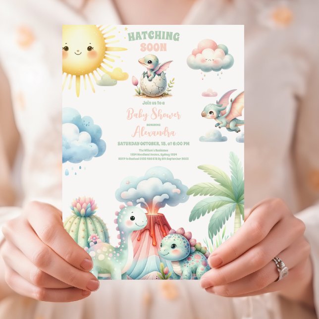 Invitación Whimsical Pastel Hatching Pronto Dino Baby Shower (Subido por el creador)