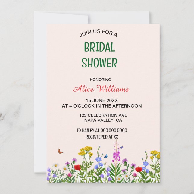 Invitación Whimsical Pastel Marco de Flor Silvestre Ducha Bri (Anverso)