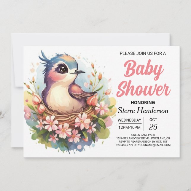 Invitación Whimsical Pastel Pájaro Rosa Baby Shower (Anverso)