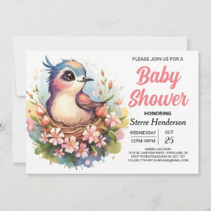 Invitación Whimsical Pastel Pájaro Rosa Baby Shower