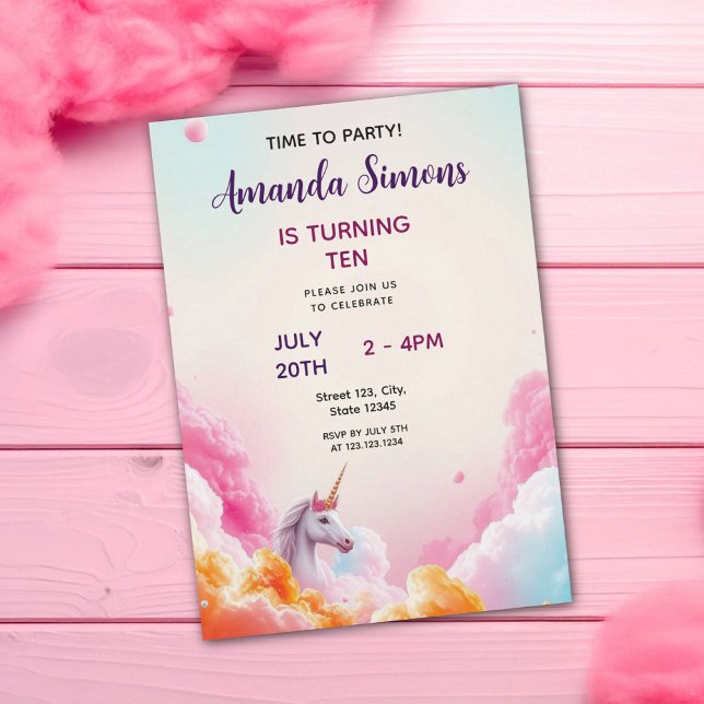Invitación Whimsical Pastel Unicorn Cloud Girly 10th Birthday (Subido por el creador)