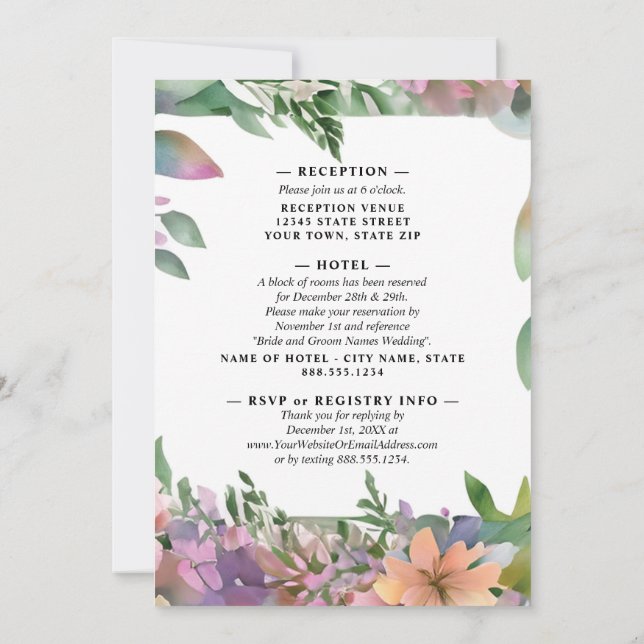 Invitación Whimsical Pastel Watercolor Boda de flores silvest (Reverso)
