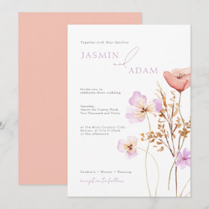 Invitación Whimsical Peach Lilac Wildflowers Boda