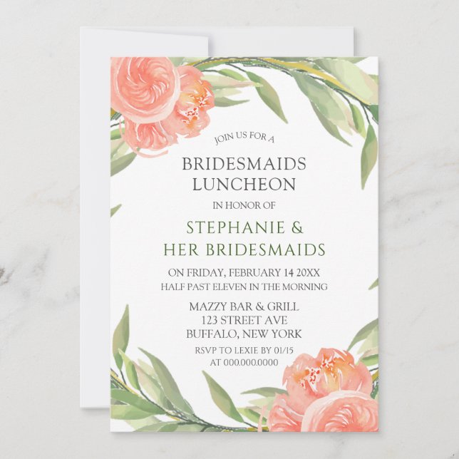Invitación Whimsical Peachy Peonies Bridesmaids Luncheon (Anverso)