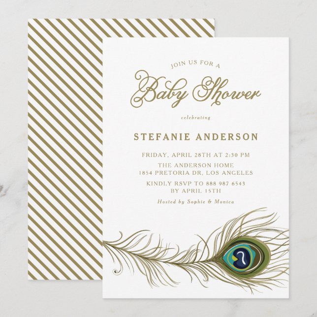 Invitación Whimsical Peacock Feather Baby Shower (Anverso / Reverso)