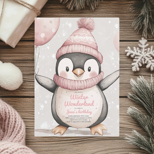 Invitación Whimsical Penguin Birthday | Rosa antiguo  (Subido por el creador)