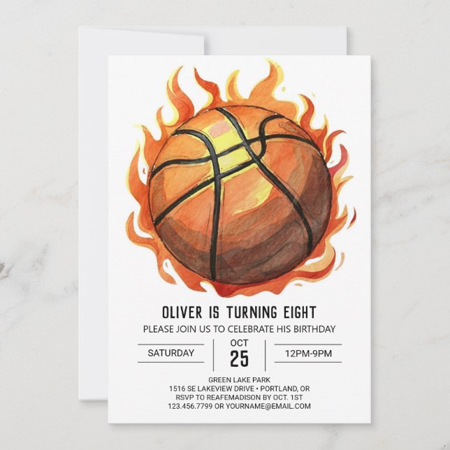 Invitación Whimsical Personalizado Acuarela Baloncesto Cumple (Anverso)