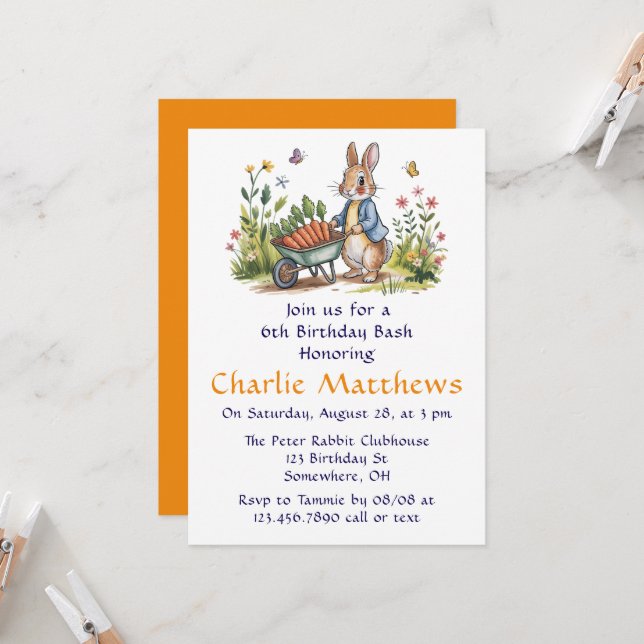 Invitación Whimsical Peter Rabbit Boy Birday Bash (Anverso/Reverso In Situ)