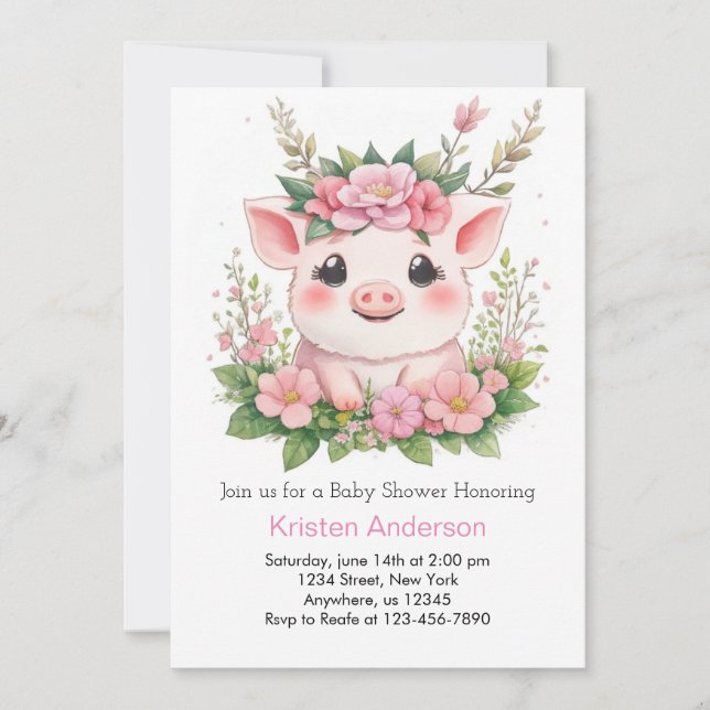 Invitación Whimsical Piggy Blissful Chica Rosa Baby Shower (Anverso)
