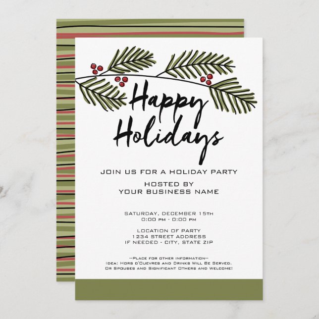 Invitación Whimsical Pine Branch Rustic Script Holiday Party (Anverso / Reverso)