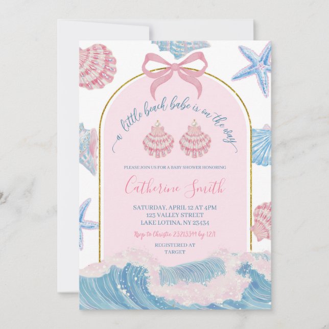 Invitación Whimsical Pink and Blue Beach Babe Baby Shower inv (Anverso)