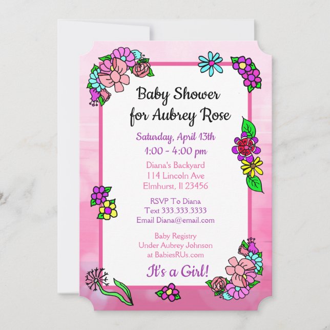 Invitación Whimsical Pink and Purple Floral Baby Shower (Anverso)