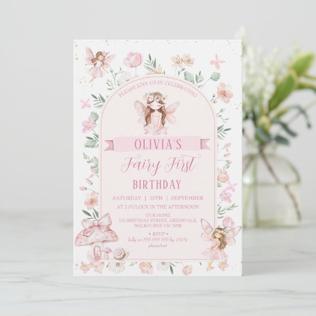 Invitación Whimsical Pink Arch Fairy First Birday (Anverso de pie)