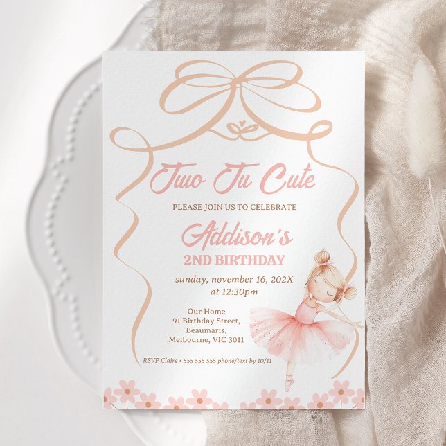 Invitación Whimsical Pink Ballerina Two Tu Cute Segundo Cumpl (Ballerina Tutu Birthday Invitation Ribbon, Light Hair, Daisies, Two Tu Cute 2nd Birthday Invitation)