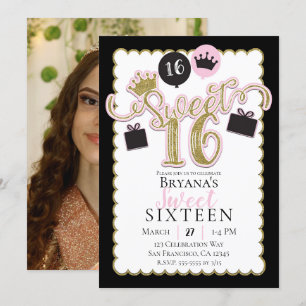 Invitación Whimsical Pink Black Sweet 16 Foto Fiesta de cumpl